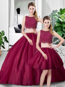 Floor Length Fuchsia Quinceanera Dress Tulle Sleeveless Lace and Ruching