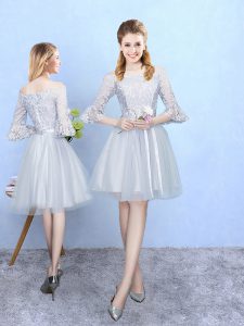 Silver Half Sleeves Lace With Train Quinceanera Court Dresses