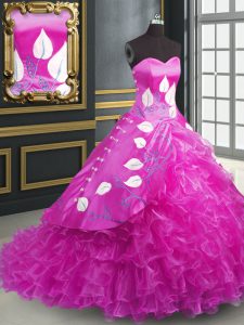Fuchsia Ball Gowns Sweetheart Sleeveless Organza Brush Train Lace Up Embroidery and Ruffles Sweet 16 Dress