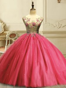 Appliques and Sequins 15 Quinceanera Dress Coral Red Lace Up Sleeveless Floor Length
