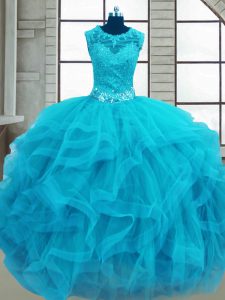 Cheap Baby Blue Scoop Neckline Beading and Ruffles Quinceanera Dresses Sleeveless Lace Up