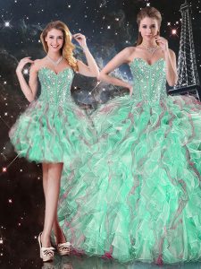 Sweetheart Sleeveless Quinceanera Dresses Floor Length Beading and Ruffles Turquoise Organza