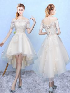 Sophisticated White A-line Organza Off The Shoulder Sleeveless Appliques High Low Lace Up Dama Dress