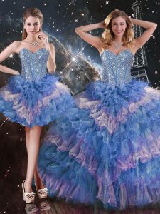 Multi-color Lace Up Sweetheart Beading and Ruffled Layers and Sequins Quinceanera Gowns Organza Sleeveless