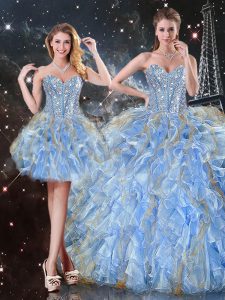 Delicate Light Blue Ball Gowns Sweetheart Sleeveless Organza Floor Length Lace Up Beading and Ruffles Sweet 16 Dress