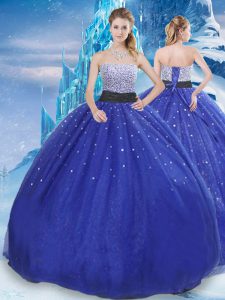 Traditional Tulle Strapless Sleeveless Lace Up Beading and Sequins Quinceanera Dress in Royal Blue