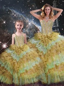 Multi-color Organza Lace Up 15th Birthday Dress Sleeveless Floor Length Beading and Ruffled Layers and Sequins