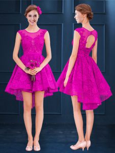 Smart Fuchsia A-line Scoop Sleeveless Satin and Tulle High Low Lace Up Lace and Belt Vestidos de Damas