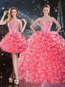 Best Selling Coral Red Three Pieces Organza Sweetheart Sleeveless Beading and Ruffles Floor Length Lace Up Quinceanera Gowns
