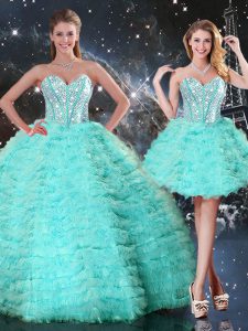 Hot Selling Turquoise Ball Gowns Beading and Ruffled Layers Quinceanera Dresses Lace Up Organza Sleeveless Floor Length