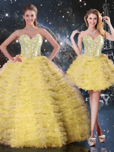 Sleeveless Floor Length Beading and Ruffled Layers Lace Up 15th Birthday Dress with Yellow