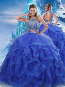 Vintage Organza Halter Top Sleeveless Zipper Beading and Ruffles 15 Quinceanera Dress in Royal Blue
