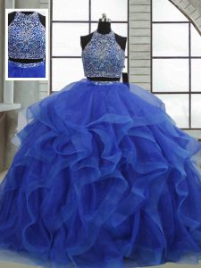 Smart Halter Top Sleeveless Organza Quinceanera Dress Beading and Ruffles Lace Up