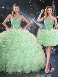 High Class Floor Length Lace Up Quinceanera Gown Apple Green for Military Ball and Sweet 16 and Quinceanera with Beading and Ruffles