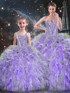 Sumptuous Lavender Lace Up Sweetheart Beading and Ruffles Quinceanera Dress Organza Sleeveless