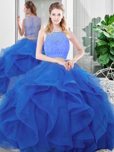 Exquisite Floor Length Zipper Quinceanera Gowns Blue for Military Ball and Sweet 16 and Quinceanera with Lace and Ruffles