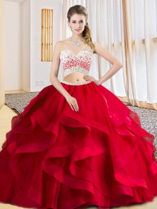 New Style Sleeveless Floor Length Beading and Ruffles Criss Cross Vestidos de Quinceanera with Red