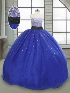 Royal Blue Strapless Lace Up Beading and Sequins Quince Ball Gowns Sleeveless