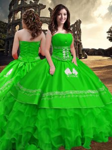 Superior Green Ball Gowns Embroidery and Ruffled Layers Quince Ball Gowns Zipper Taffeta Sleeveless Floor Length