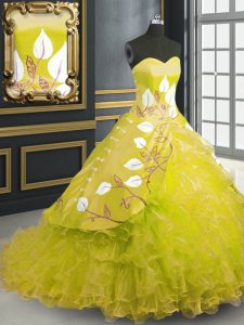 Sweet Organza Sweetheart Sleeveless Brush Train Lace Up Embroidery and Ruffles Quinceanera Gown in Yellow