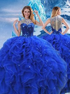 Custom Fit Floor Length Zipper Quinceanera Gown Royal Blue for Military Ball and Sweet 16 and Quinceanera with Ruffles and Sequins