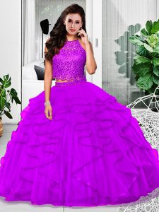 Sleeveless Tulle Floor Length Zipper 15 Quinceanera Dress in Eggplant Purple with Lace and Ruffles