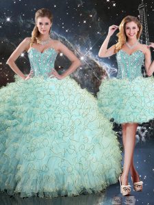 Clearance Floor Length Lace Up Quinceanera Dresses Turquoise for Military Ball and Sweet 16 and Quinceanera with Beading and Ruffles
