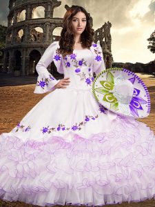 Glamorous White Quinceanera Gowns Military Ball and Sweet 16 and Quinceanera with Embroidery and Ruffled Layers Square Long Sleeves Lace Up