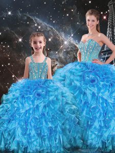 Enchanting Baby Blue Lace Up Sweetheart Beading and Ruffles Quinceanera Dress Organza Sleeveless