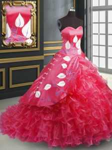 Coral Red Sleeveless Embroidery and Ruffled Layers Lace Up Quinceanera Dress