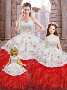 Modern White And Red Ball Gowns Beading and Appliques and Ruffles Sweet 16 Dress Lace Up Organza Sleeveless Floor Length
