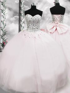 Free and Easy Pink Sleeveless Brush Train Beading and Bowknot Quinceanera Dresses