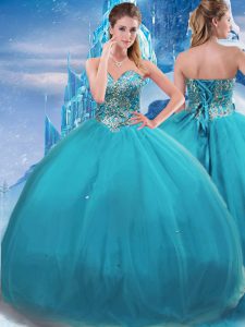Teal Sleeveless Tulle Lace Up Sweet 16 Dress for Military Ball and Sweet 16 and Quinceanera