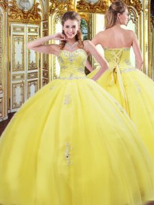 Noble Floor Length Ball Gowns Sleeveless Gold Quinceanera Gown Lace Up
