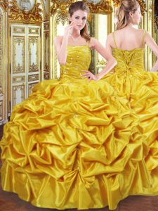 Customized Gold Taffeta Lace Up 15 Quinceanera Dress Sleeveless Floor Length Beading and Pick Ups