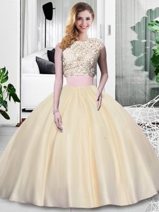 Luxurious Champagne Sleeveless Floor Length Lace and Appliques and Ruching Zipper 15 Quinceanera Dress