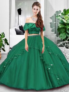 Modest Dark Green Sleeveless Lace and Ruffles Floor Length Quinceanera Dresses