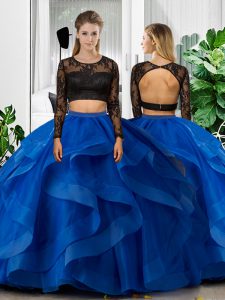 Tulle Scoop Long Sleeves Backless Lace and Ruffles Ball Gown Prom Dress in Blue