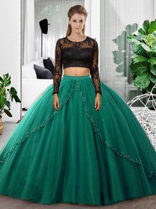 Customized Dark Green Tulle Backless Scoop Long Sleeves Floor Length Quinceanera Dresses Lace and Ruching