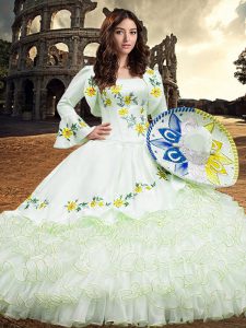 White Ball Gowns Organza Square Long Sleeves Embroidery and Ruffled Layers Floor Length Lace Up Sweet 16 Quinceanera Dress