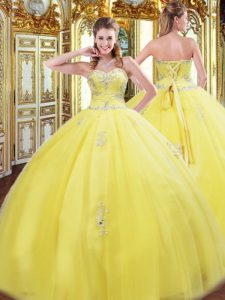 Sleeveless Tulle Floor Length Lace Up Quinceanera Dress in Yellow with Beading and Appliques