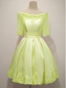 Yellow Lace Up Off The Shoulder Lace Damas Dress Taffeta Half Sleeves