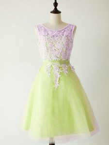 Comfortable Yellow Green A-line Lace Court Dresses for Sweet 16 Lace Up Tulle Sleeveless Knee Length