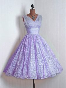 Lavender Lace Lace Up Court Dresses for Sweet 16 Sleeveless Mini Length Lace