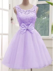 Custom Designed Knee Length Lace Up Dama Dress for Quinceanera Lavender for Prom and Party and Wedding Party with Lace and Bowknot