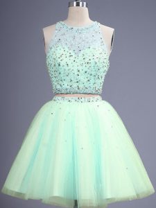 Apple Green Sleeveless Knee Length Beading Lace Up Quinceanera Court Dresses