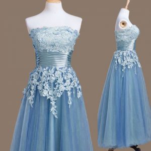 Pretty Strapless Sleeveless Quinceanera Court Dresses Tea Length Appliques Blue Tulle