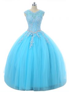 Luxury Aqua Blue Lace Up Quince Ball Gowns Appliques Sleeveless Floor Length