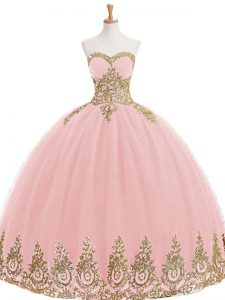 Floor Length Baby Pink Sweet 16 Dress Tulle Sleeveless Appliques
