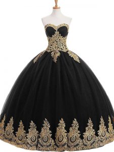 Delicate Tulle Strapless Sleeveless Lace Up Appliques Quinceanera Dress in Black